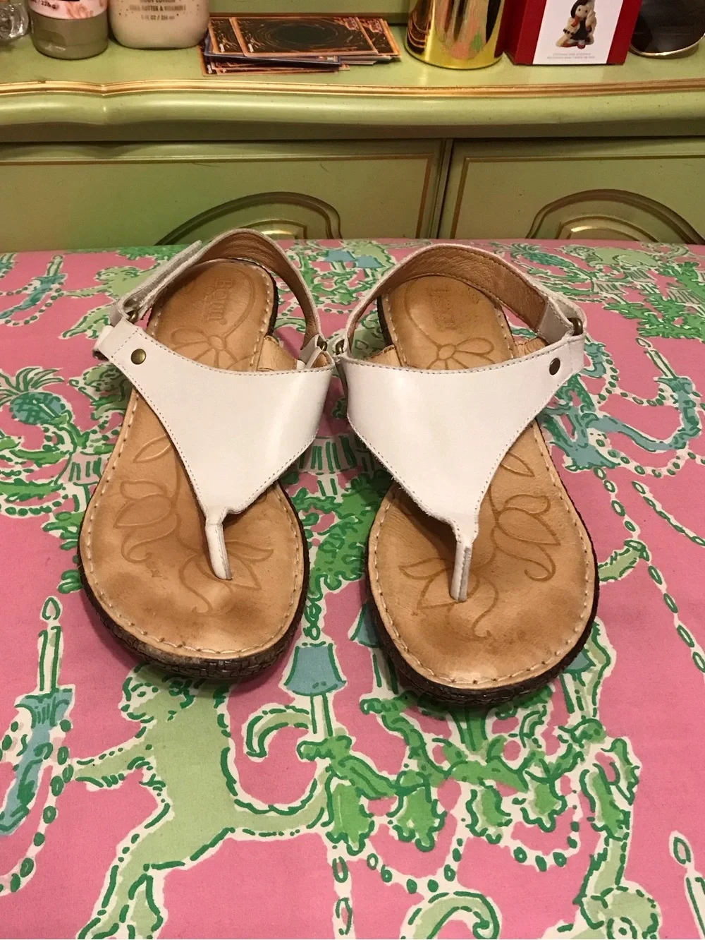 Born white leather t-strap woven wedge sandals size 7